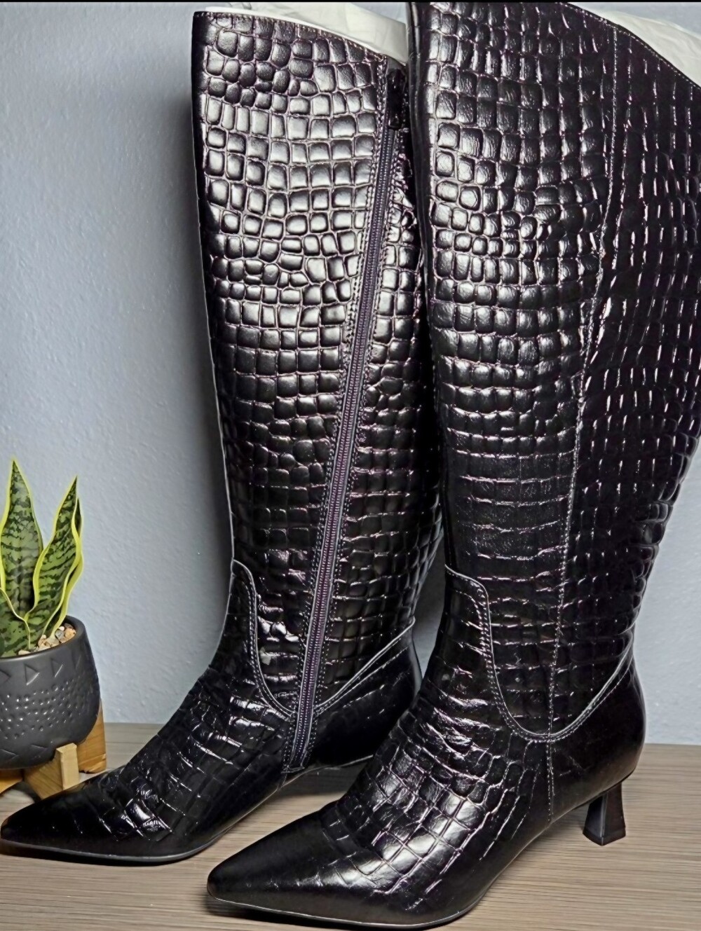 Naturalizer Deesla Extra Wide Calf Knee High Boots Black Croc Leather-7 W-XW New
